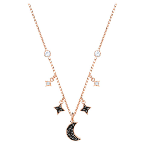 Swarovski Symbolic necklace, Moon and star, Black, Rose-gold tone plated