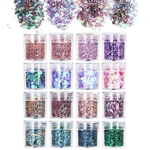 URAQT 16pcs Chunky Glitter Beauty Set for Body Cheeks and Hair, Festival and Party, Face and Nails Beauty Makeup,B