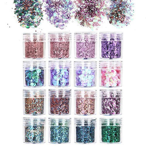 URAQT 16pcs Chunky Glitter Beauty Set for Body Cheeks and Hair, Festival and Party, Face and Nails Beauty Makeup,B