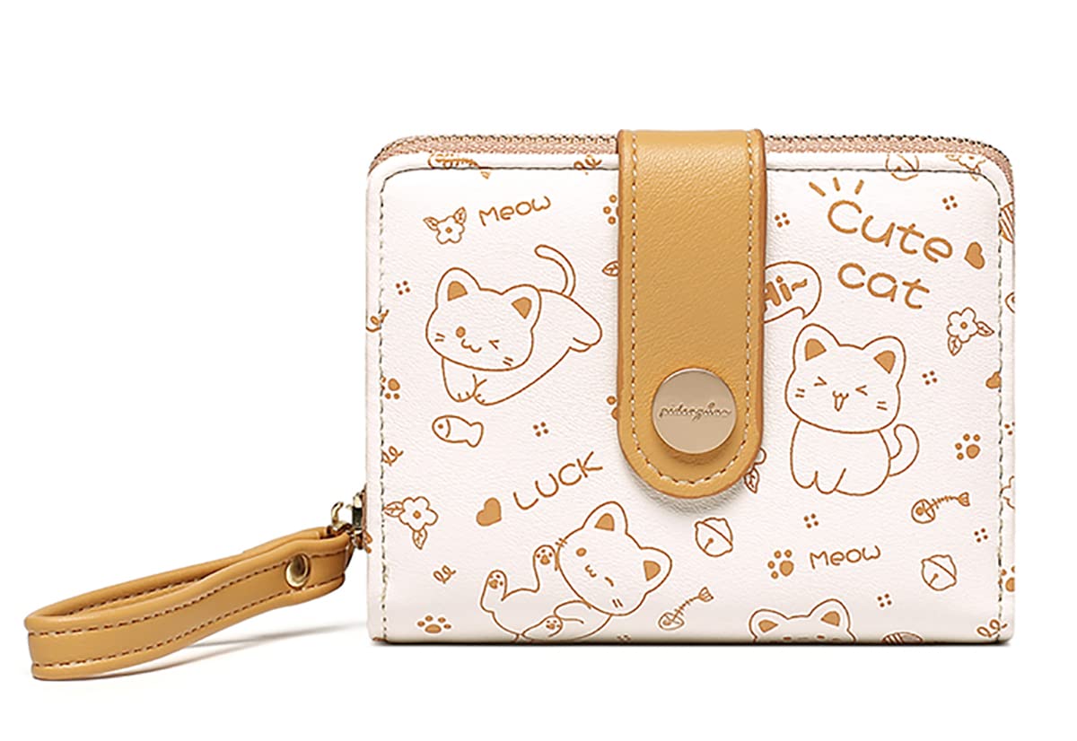 Wytidian Cat Wallets for Girls, Cute Small PU Leather Wallet Card Holder Coin Purse with ID Window for Women and Girls, Yellow, Cute