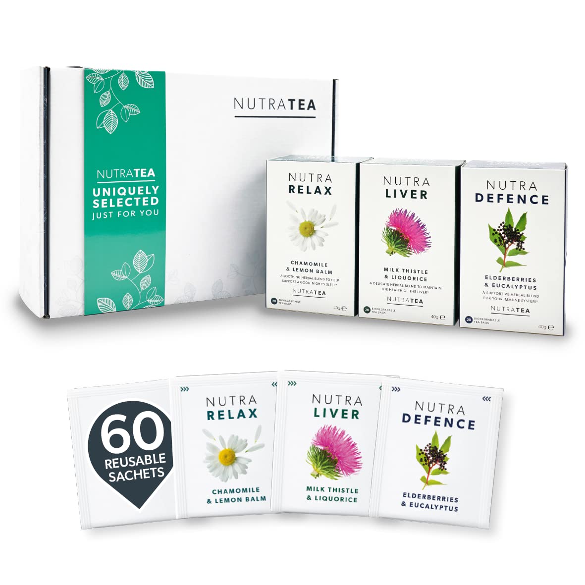 NutraTea - The Healthy Wellbeing Gift Box - Herbal Teas Perfect For Self Care & Wellbeing - Tea Gift Box For Birthdays, Get Well Soon & Christmas - Herbal Tea Gift Set - 60 Tea Bags | 3 Flavours