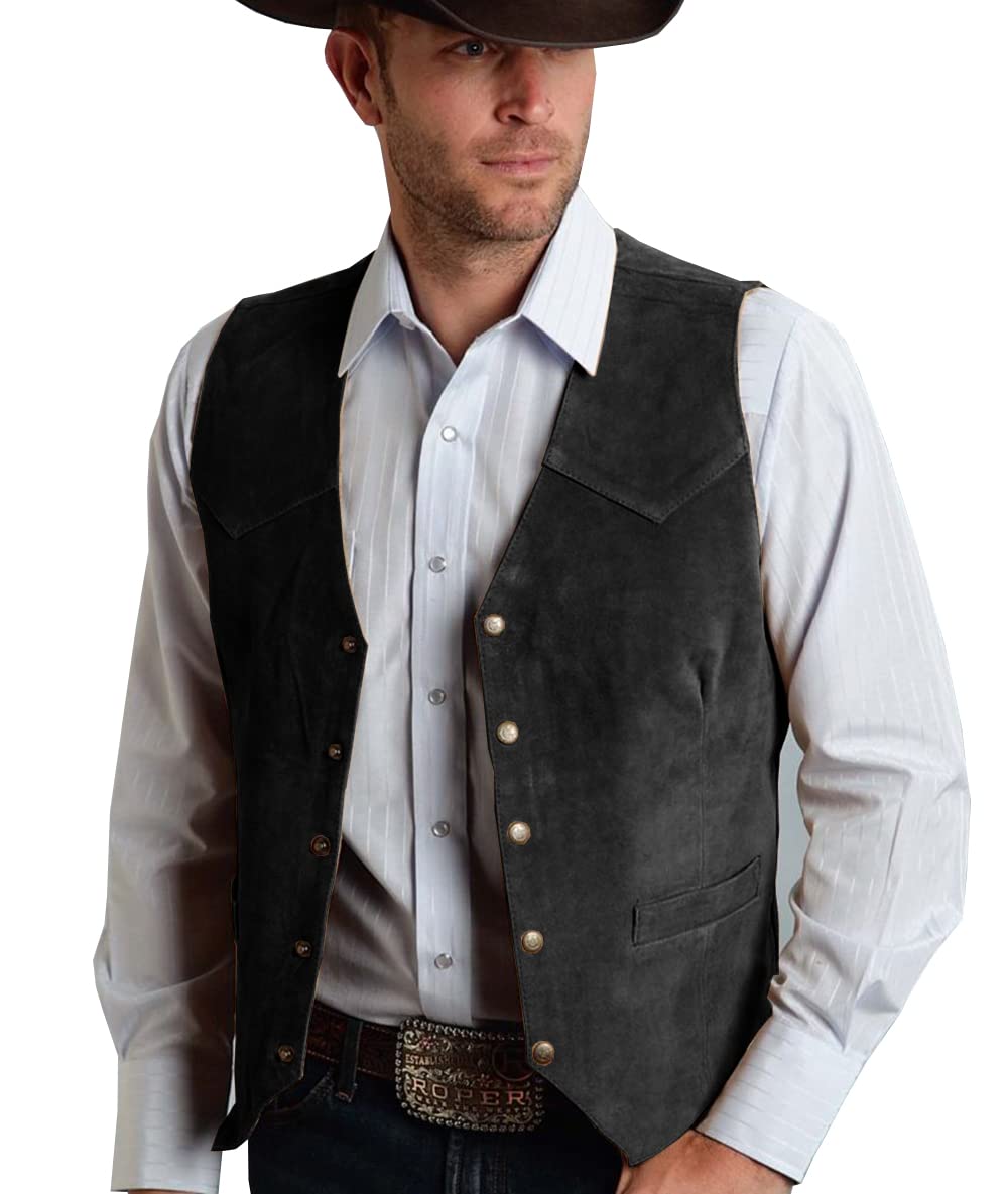 Tuikayoo Men's Suede Suit Vest Vintage Western Cowboy Vest Regular Fit, black, XL