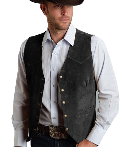 Tuikayoo Men's Suede Suit Vest Vintage Western Cowboy Vest Regular Fit, black, XL