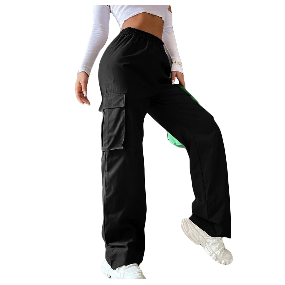 Bestgift Women's Solid Color Elastic Waist Pocket Cargo Pants Black S