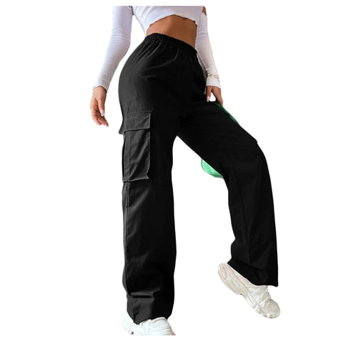 Bestgift Women's Solid Color Elastic Waist Pocket Cargo Pants Black S