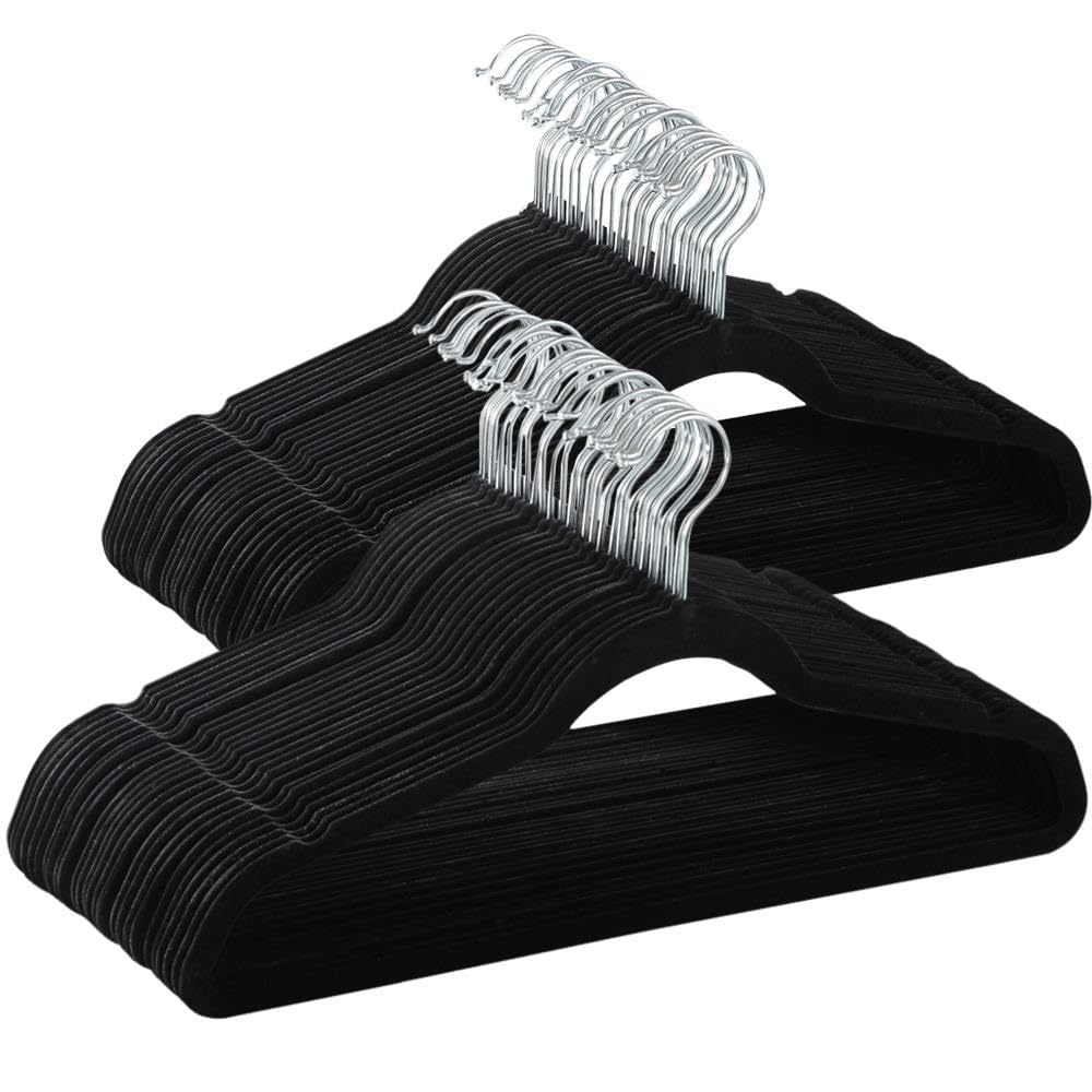 Yaheetech 100 Pack Velvet Coat Hangers-Heavy Duty Velvet Clothes Hangers-Non-Slip Suit Hangers-Durable Standard Hangers for Space Saving, 360° Swivel Hook Black