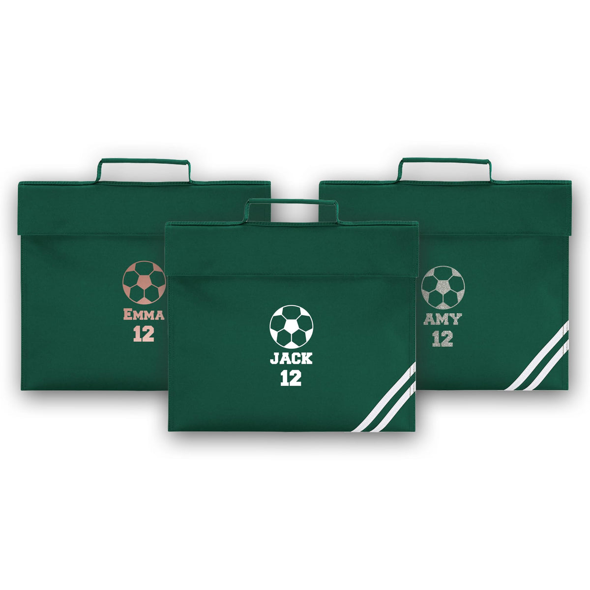 Personalised Book Bag School Kids Childrens Boys Girls Junior Toddlers Any Name Glitter Lunch Organiser Swimming P.E Bag Football (Bottle Green)