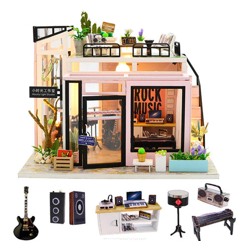 Spilay DIY Miniature Dollhouse Wooden Furniture Kit,Handmade Mini Modern Model Plus with Dust Cover,1:24 Scale Creative Doll House for Lover Friend Gift Magic House (Time Studio)