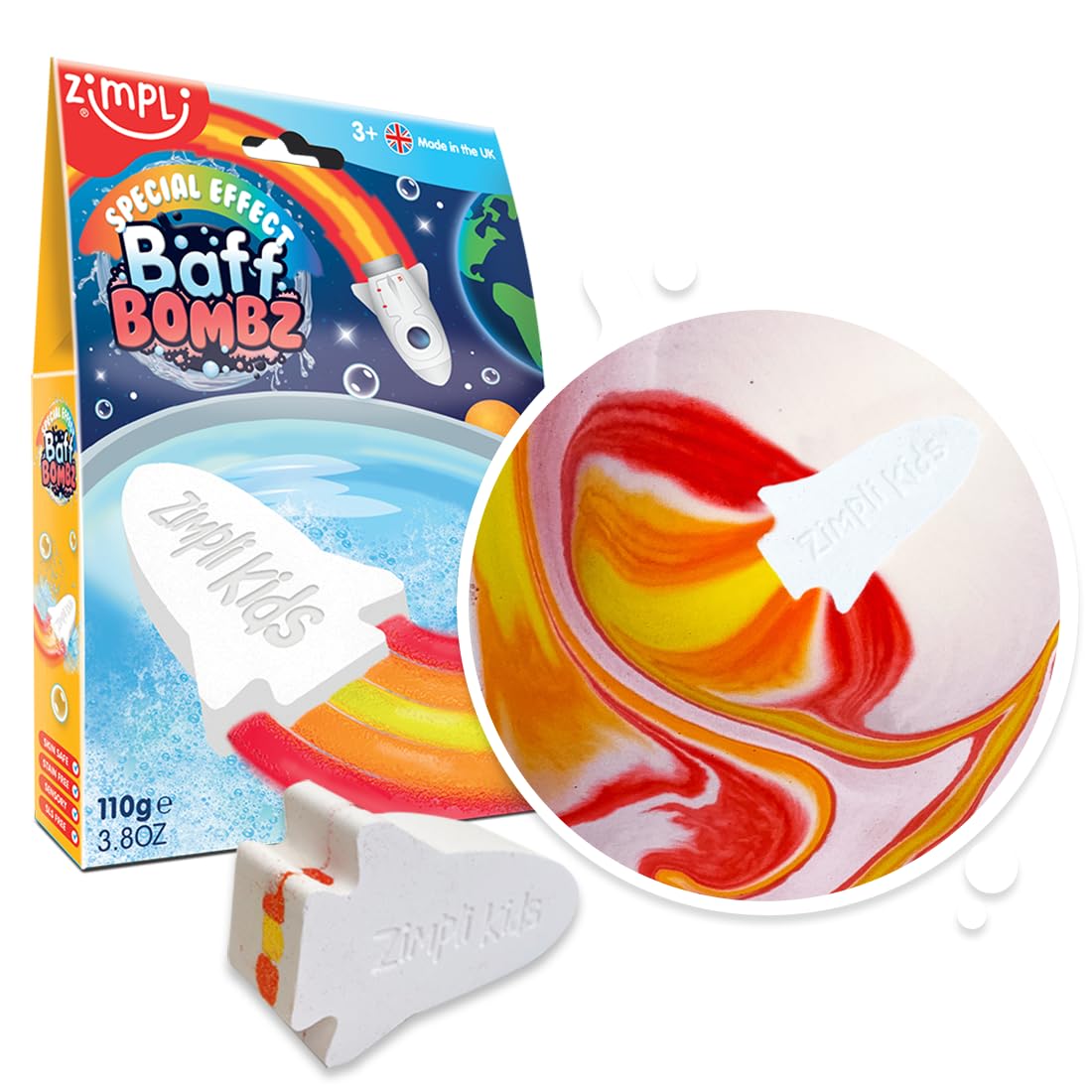 Zimpli Kids Large Rocket Flame Bath Bomb, Multicolour Special Effect Bath Fizzers, Bath Bomb Gift, Christmas Stocking Fillers for Xmas Presents for Children, Orange