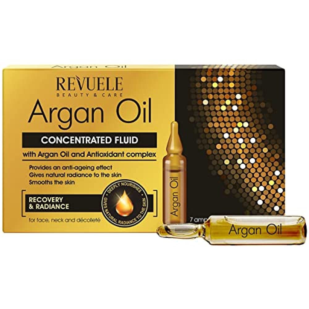 Revuele Ampoules Argan Oil Concentrated Liquid with Argan Oil for Face Neck and Décolleté 2 ml 100% Pure Natural and Organic with Oligolinolic Acids