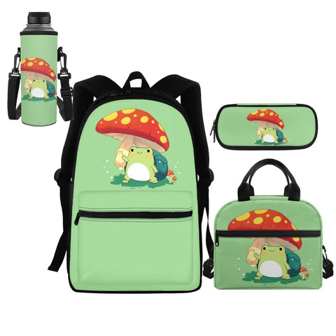HELLHERO Mushroom Frog Backpack for Teen Girls 3-5 6-8 8-10 Kids School Backpack for Girls 1st 2nd 3rd Grade Elementary Kindergarten Preschool Bookbag Lunch Box Pencil Purse Water Bottle Sleeve
