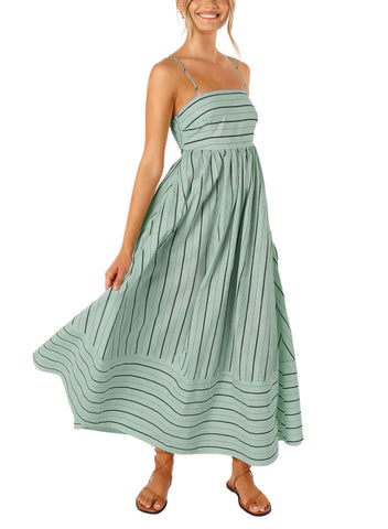 yoeasy Women's Striped Spaghetti Strap Cutout Maxi Dress Sleeveless Backless Flowy Swing Long Dress (Medium, Green)