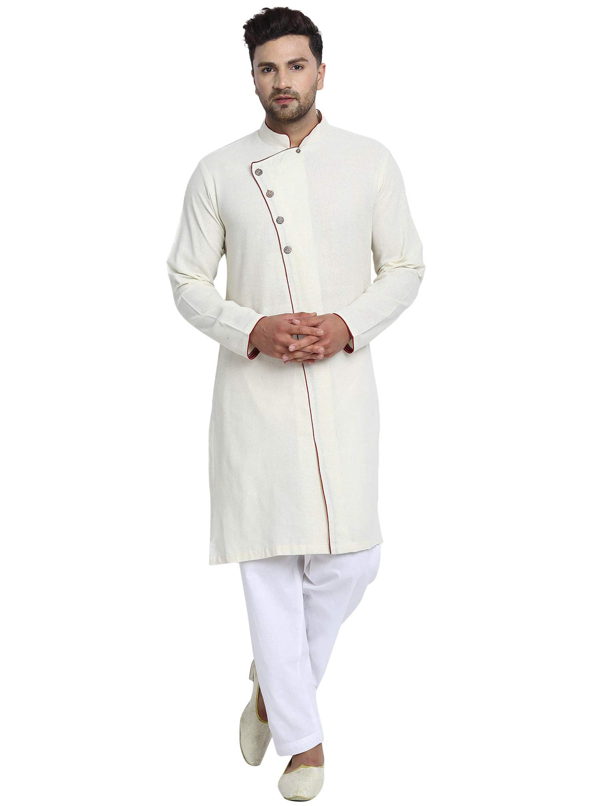 SKAVIJ Men's Tunic Cotton Side Button Kurta Pajama Set Ethnic Wear Dress (X-Large, Offwhite)