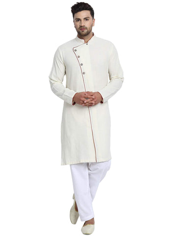 SKAVIJ Men's Tunic Cotton Side Button Kurta Pajama Set Ethnic Wear Dress (X-Large, Offwhite)