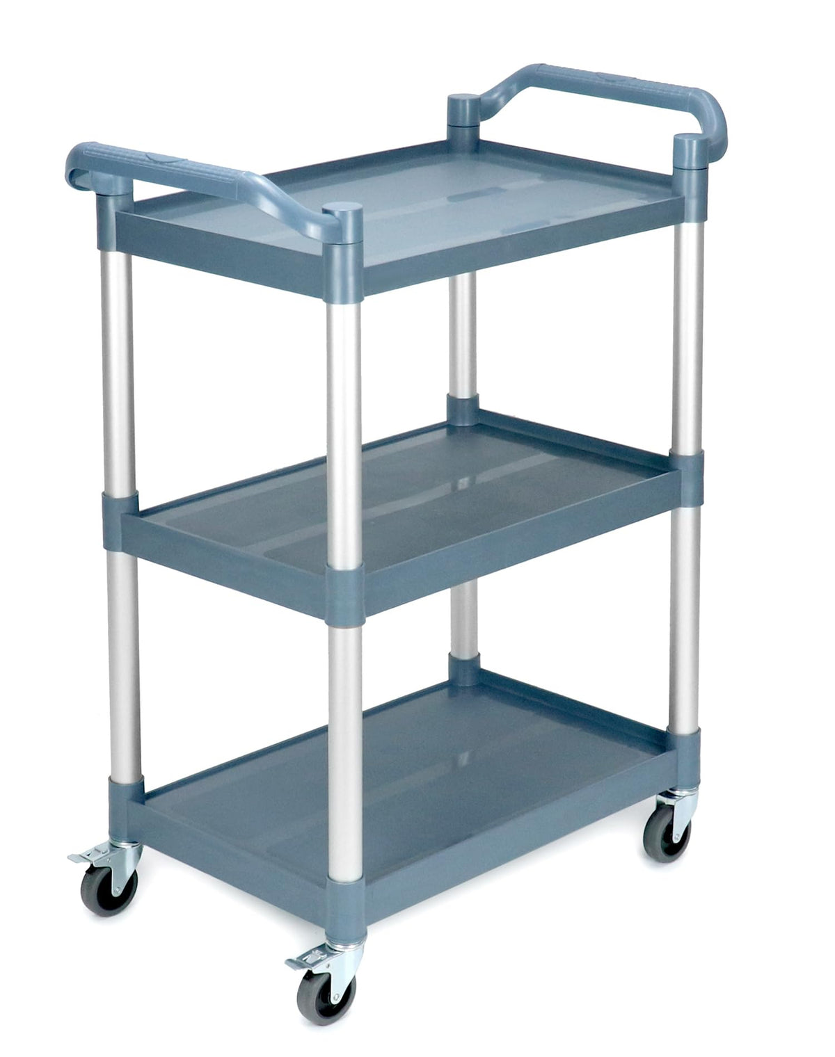 QWORK Plastic Utility Cart with Wheels Lockable, 3-Tier Rolling Push Cart Bus Cart for Restaurant, Kitchen, Gray