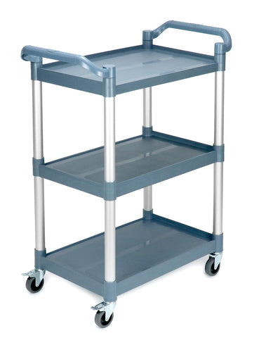 QWORK Plastic Utility Cart with Wheels Lockable, 3-Tier Rolling Push Cart Bus Cart for Restaurant, Kitchen, Gray