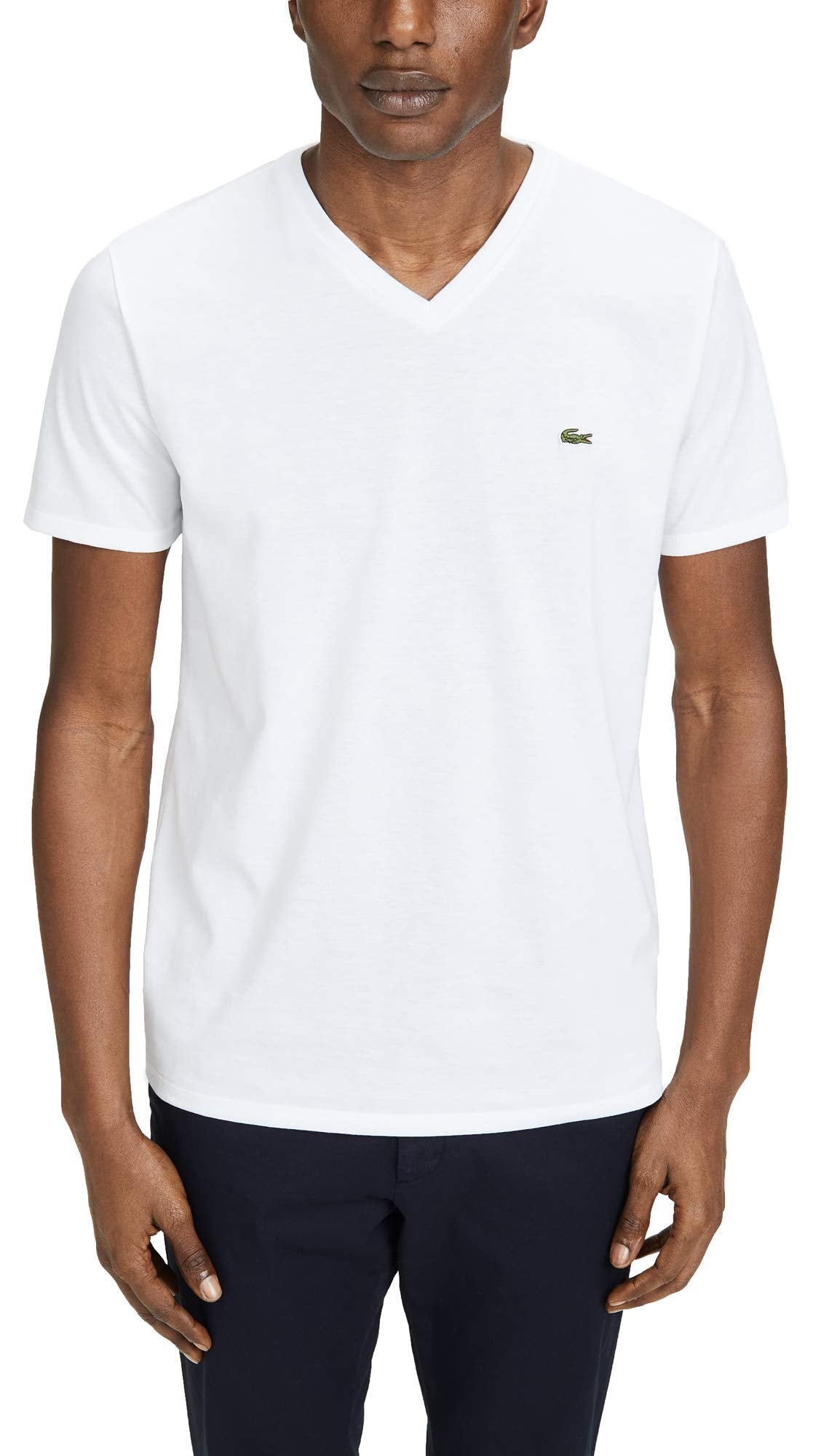 Lacoste Men's Short Sleeve V-Neck Pima Cotton Jersey T-Shirt, White, Small