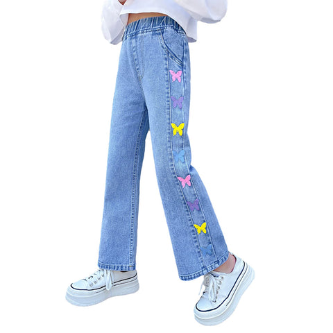 Rolanko Girls Jeans Bootcut Ripped Elasticated Waist Retro Style Denim Pants for Kids Fit, Blue Color Fly, Size: 170
