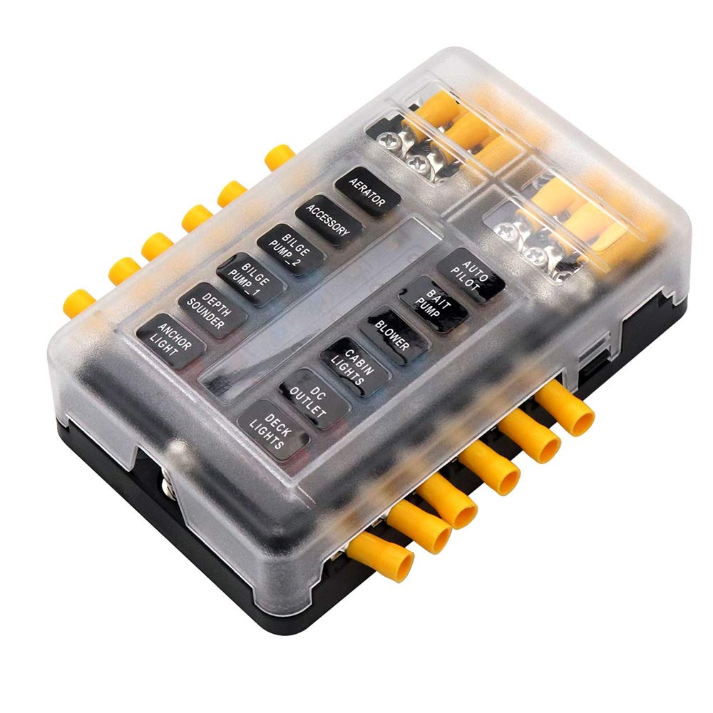 12-way fuse holder with negative pole fuse box for boat, camper, caravan, solar system, car, LED display, 24 cable plugs, normal fuses fuse block