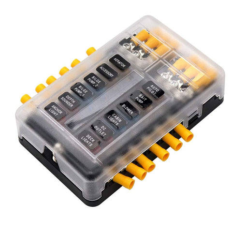 12-way fuse holder with negative pole fuse box for boat, camper, caravan, solar system, car, LED display, 24 cable plugs, normal fuses fuse block