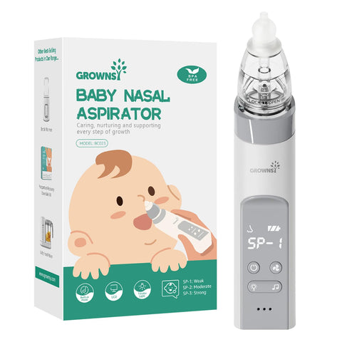 GROWNSY Nasal Aspirator for Baby, Electric Nose Aspirator for Toddler, Baby Nose Sucker, Automatic Nose Cleaner with 3 Silicone Tips, Adjustable Suction Level, Music and Light Soothing Function