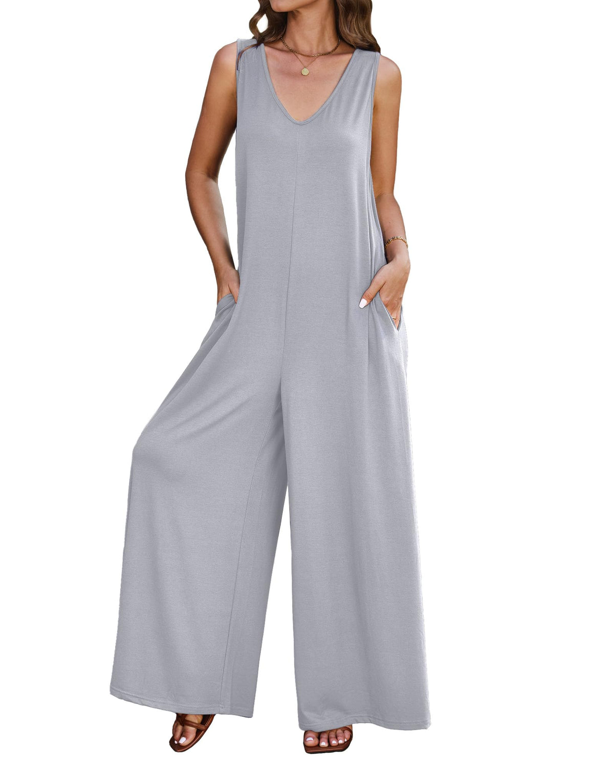 luvamia Jumpsuits for Women Causal Sleeveless Wide Leg Overall Jumpsuit Baggy Loose Onesie Jumpers With Pockets Lounge Stretchy Jumpsuits for Women Tank Jumpsuits for Women Womens Fashion Light Gray
