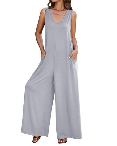 luvamia Jumpsuits for Women Causal Sleeveless Wide Leg Overall Jumpsuit Baggy Loose Onesie Jumpers With Pockets Lounge Stretchy Jumpsuits for Women Tank Jumpsuits for Women Womens Fashion Light Gray