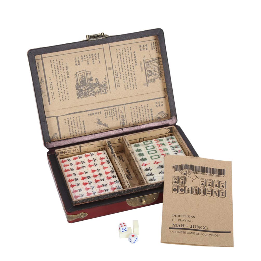 NUOBESTY Chinese Mahjong Game Set Traditional Mahjong with Antique Case and English Manual for Party Toys Favor 1 Set