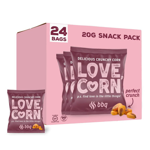LOVE CORN BBQ Crunchy Corn Snack 20g x 24 Bags - Healthy Snacks Ideal for Gluten Free & Vegan Diets - Low Sugar Alternative for Crisps, Mixed Nuts & Pretzels - Perfect To Graze On