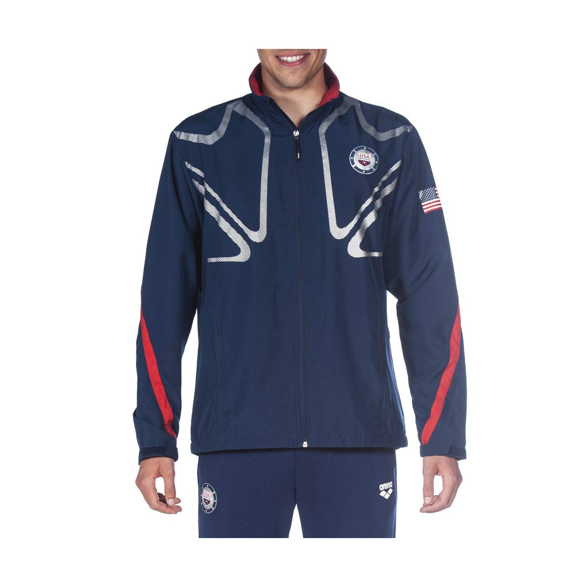 ARENA Official USA Swimming National Team Unisex Zip Warm-Up Jacket, Navy-Red, X-Large