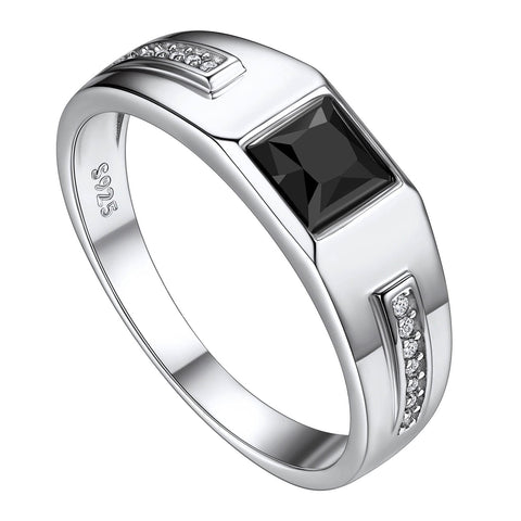 Suplight 925 Sterling Silver Signet Rings 7.3mm Black Cubic Zirconia Engagement Wedding Band Rings for Men Size 8
