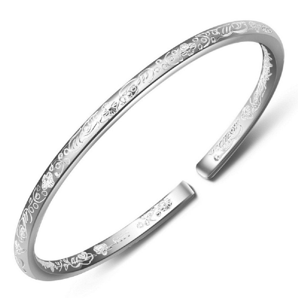 Merdia 999 Solid Sterling Silver Bangle Cuff Bracelets Flower Carved for Women's | Sterling Silver Bracelet | Silver Jewelry | Silver Bracelets for Women | Jewelry for Women | Charm Bracelets for Women