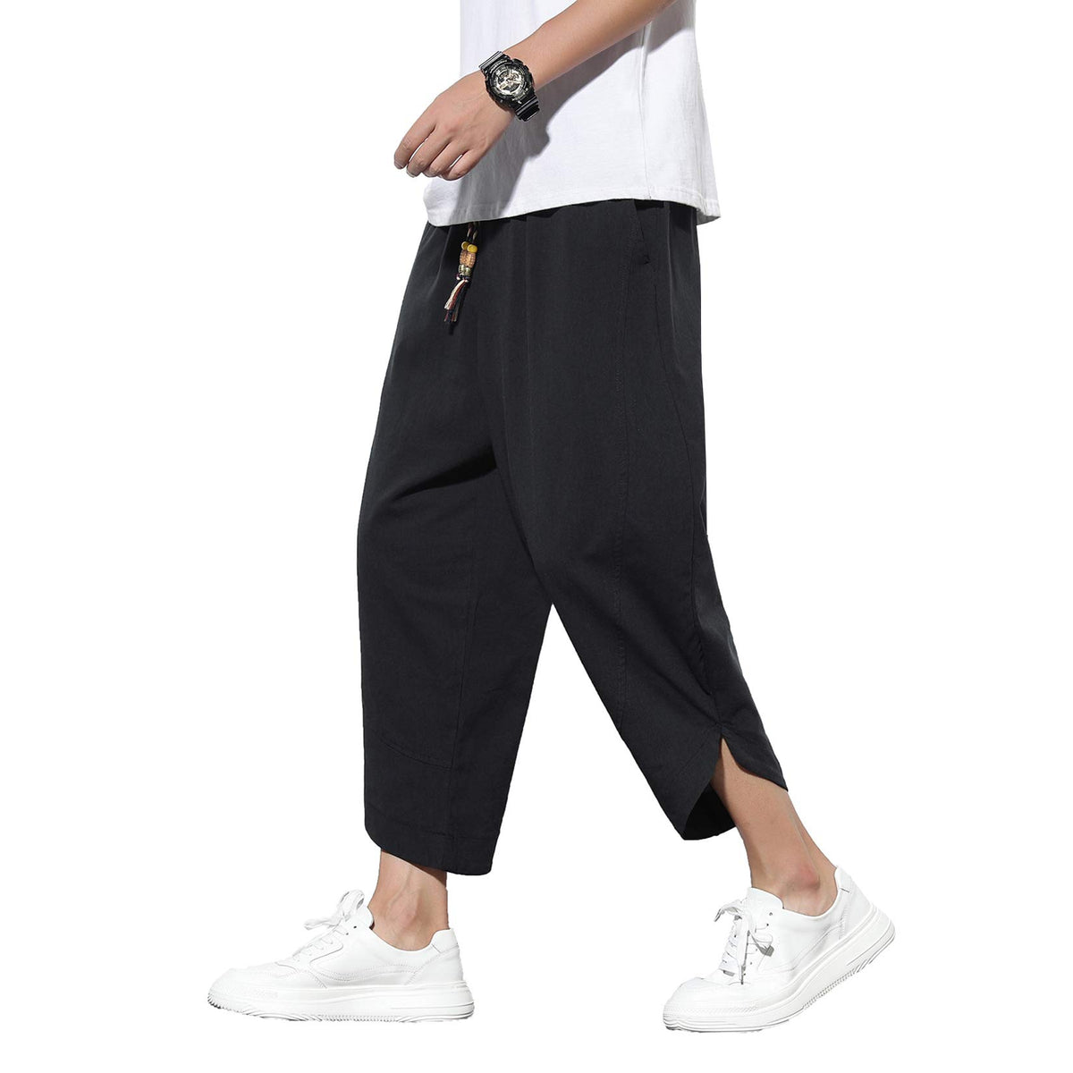 DOSLAVIDA Men's Casual Elastic Waist Linen Capri Pants Wide Leg Baggy Cotton Harem Yoga Trousers Loose Patchwork Shorts Solid-Black