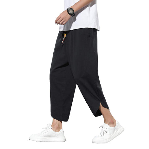 DOSLAVIDA Men's Casual Elastic Waist Linen Capri Pants Wide Leg Baggy Cotton Harem Yoga Trousers Loose Patchwork Shorts Solid-Black
