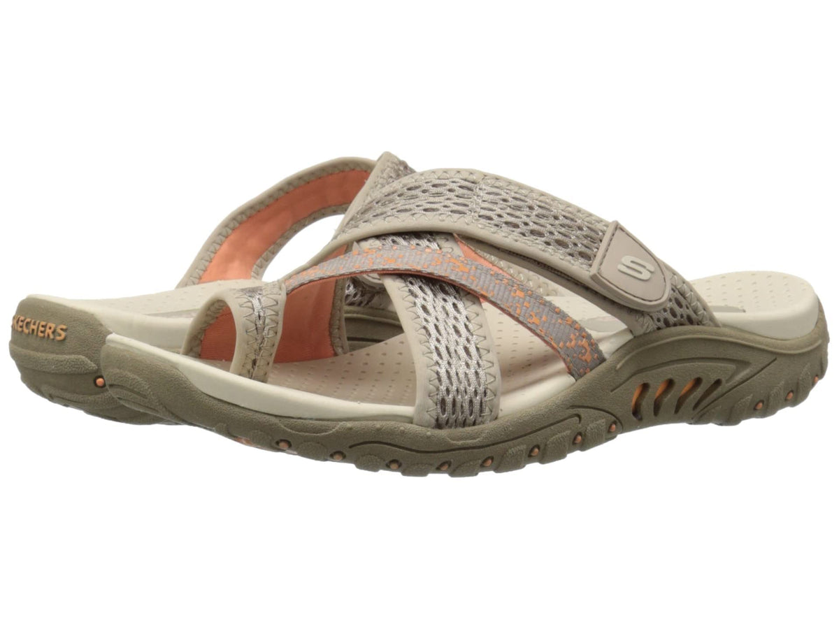 Skechers Women's Reggae Splatter Slide Sandal,Taupe Mesh/Coral Trim,9 M US