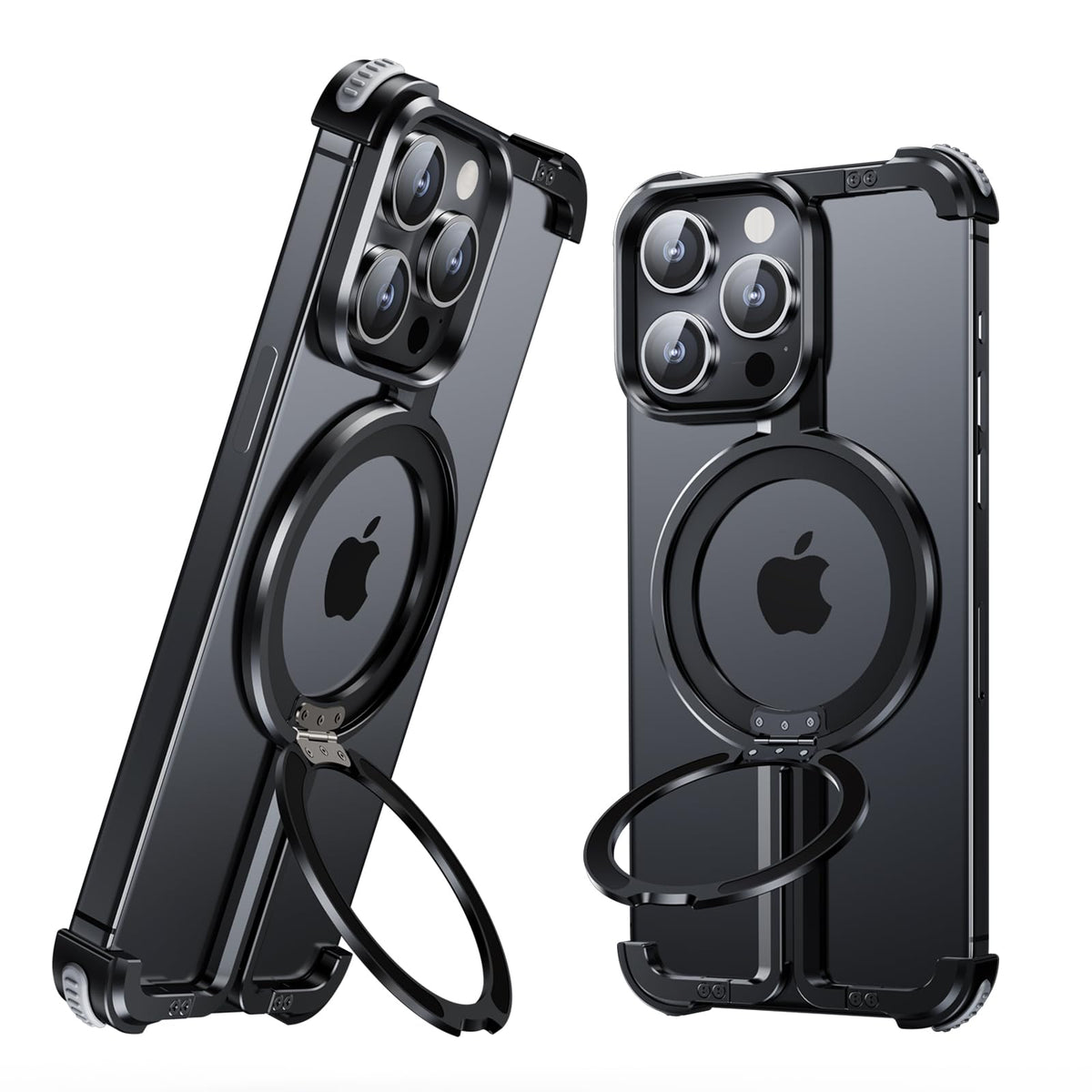 OATSBASF Frameless for iPhone 14 Pro Max Case, with Invisible Magnetic O-Ring Stand Case, Bezel Less Minimalist, Protective Shockproof, Upgraded Metal Slim Cover 6.7 Inch Phone, Black