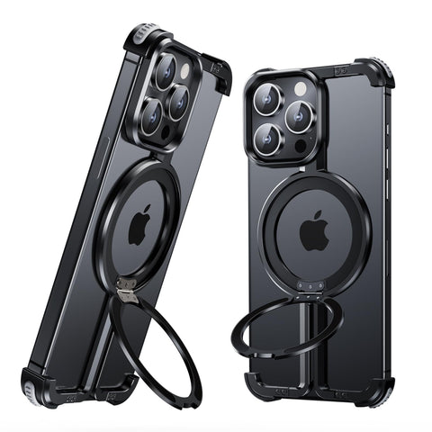 OATSBASF Frameless for iPhone 14 Pro Max Case, with Invisible Magnetic O-Ring Stand Case, Bezel Less Minimalist, Protective Shockproof, Upgraded Metal Slim Cover 6.7 Inch Phone, Black
