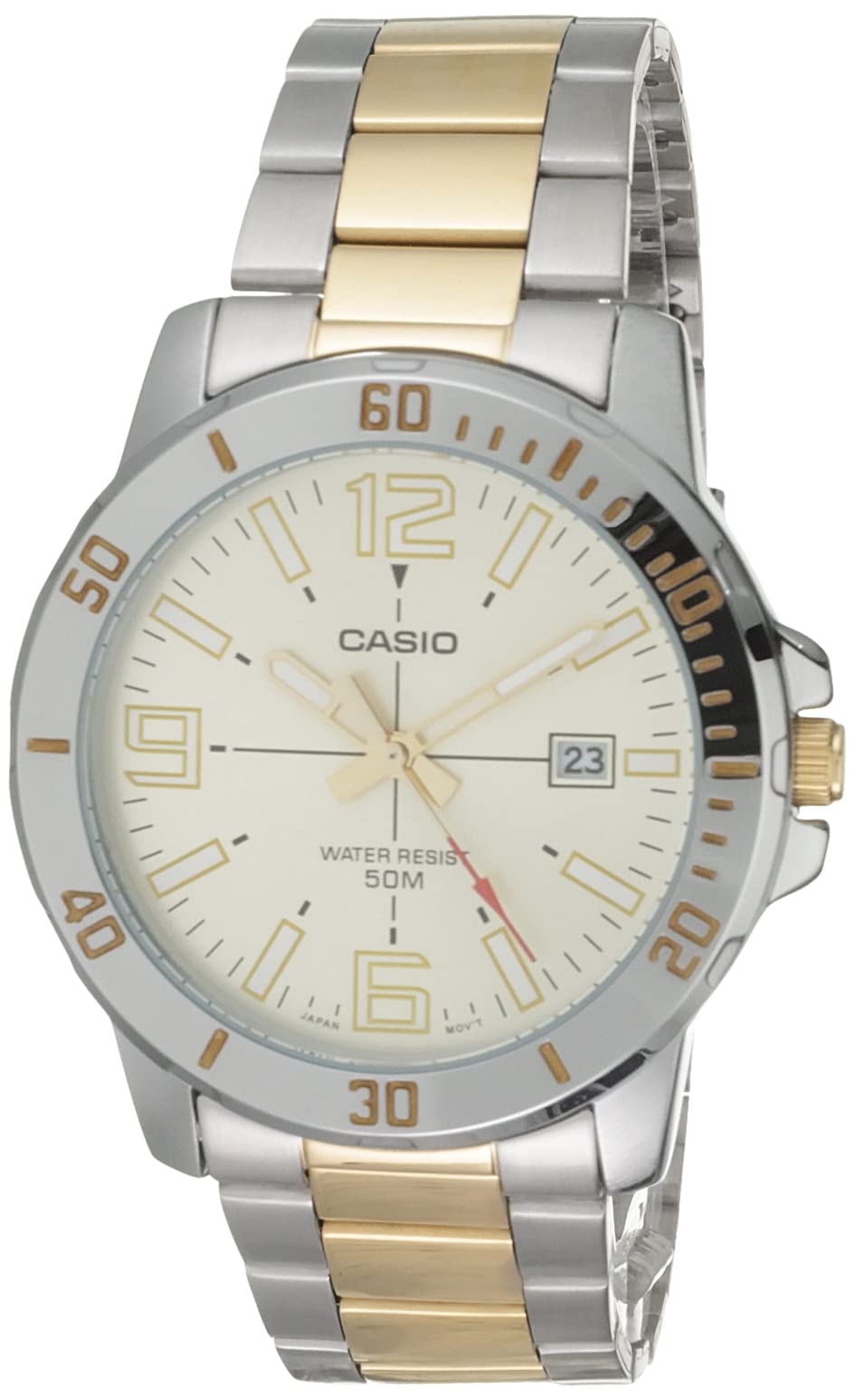 Casio Classic Two-Tone Stainless Steel Band Date Indicator Watch (Model: MTPVD01SG-9BV)