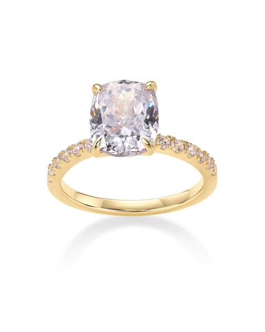 PAVOI 14K Yellow Gold Plated 3 CT Cushion Cut Engagement Ring for Women | Promise Wedding Band | Elongated Cubic Zirconia Fake Engagement Rings | Size 5