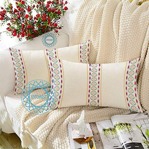 STITCHNEST Stripe Multi Printed Cotton Rectangular Cushion Covers, Set of 2 (12 x 18 Inches)