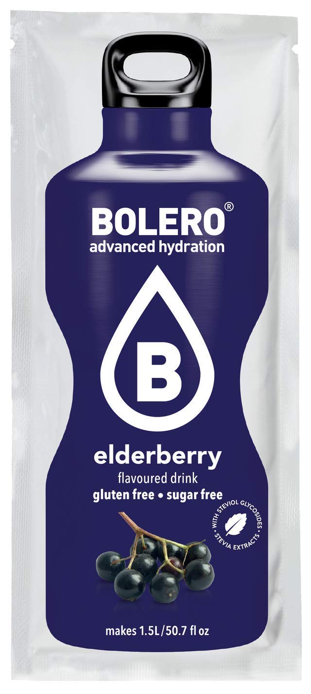 BOLERO - Elderberry Flavored, Sugar Free and Low Calorie Powdered Drink Mix, Makes 1/2 Gallon for Strong Flavor or 1 Gallon for Mild Flavor, 12 Large Sachets - Europe's Favorite Drink Mix