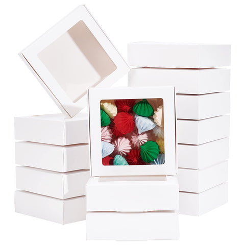 BENECREAT 16Packs 4.2x4.2x1.2inch Clear PVC Square Window Gift Boxes, White Kraft Paper Present Packing Boxes for Party Favor Treats, Cookies, Small Gifts or Crafts