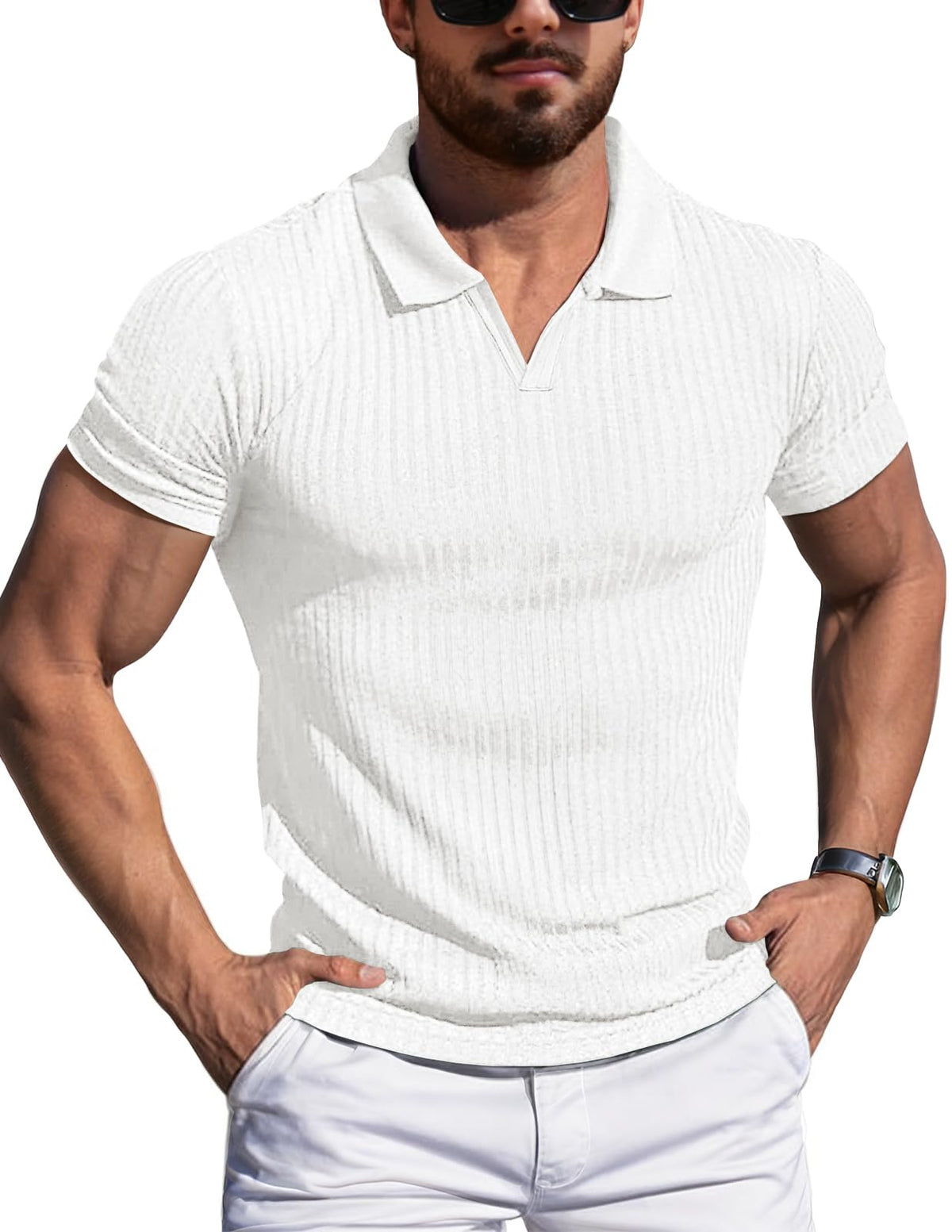 YTD Polo Shirts for Men V Neck Slim Fit Short Sleeve Performance Golf Shirt Knit Soft Tees S White