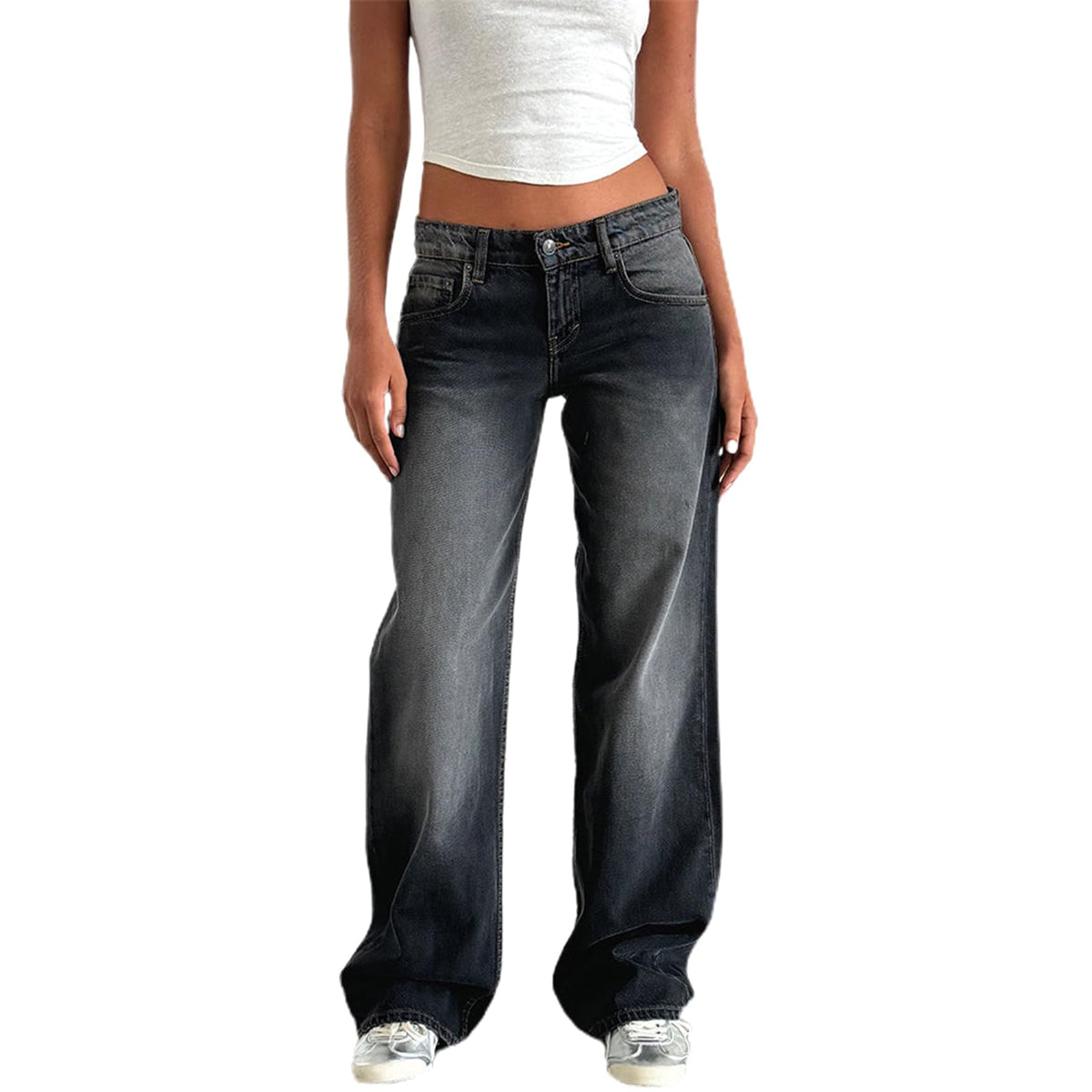 YILEEGOO Womens Jeans Wide Leg Stretch Denim Jeans Straight Trousers Y2k Jeans Low Rise Ankle Jeans Relaxed Fit Baggy Jeans (Dray, M)