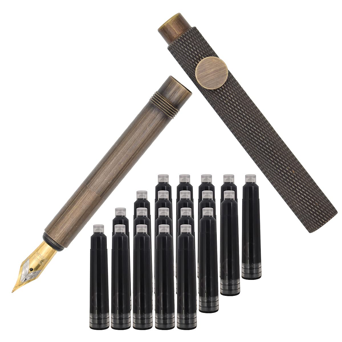 SIPLIV Brass Stripes Fountain Pen (85mm) Short Paragraph Pocket Mini Travel Pen with 20 Pcs Black Ink Cartridges