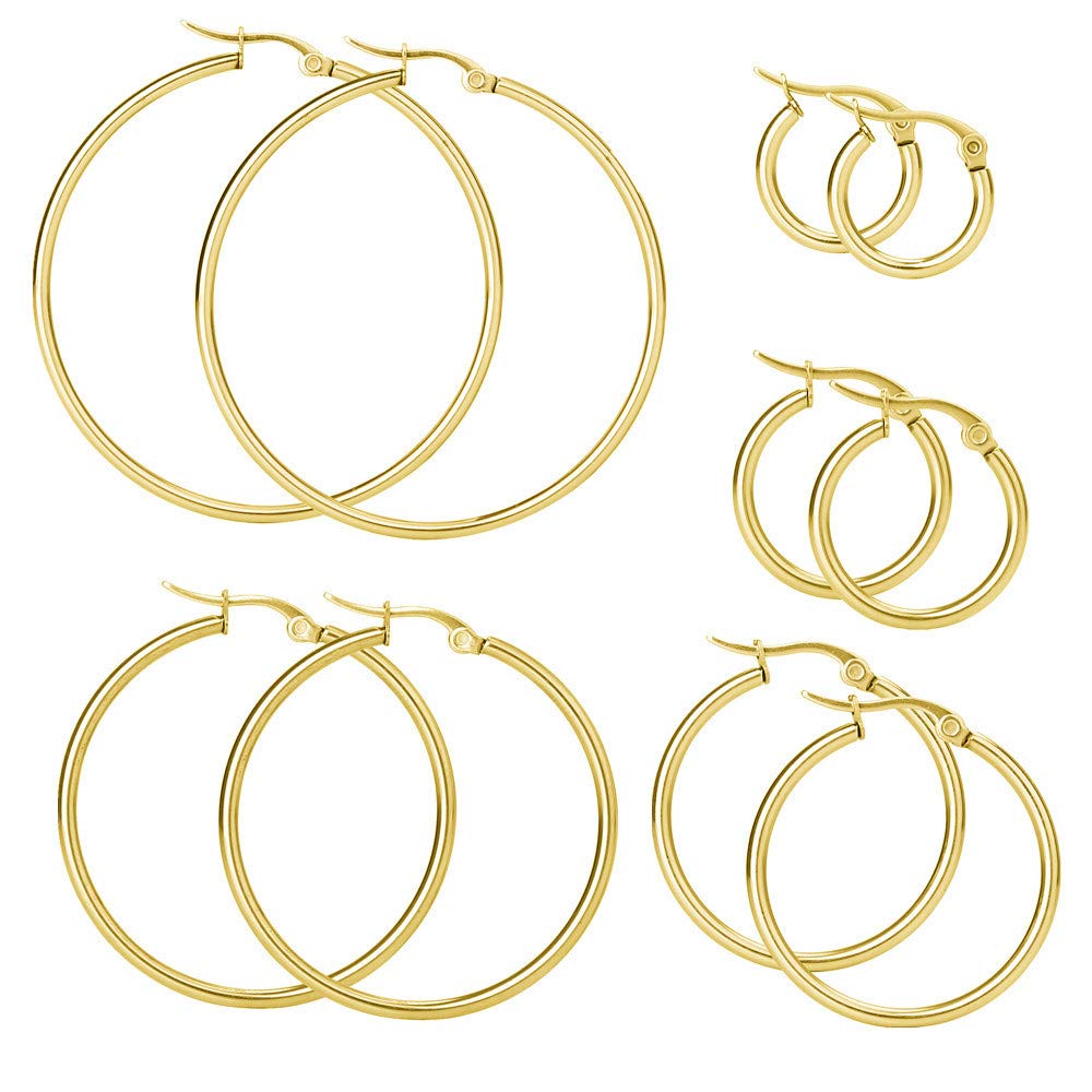Elicola 5 Pairs Stainless Steel Hypoallergenic Large Hoop Earring Sets for Women Girl Gold