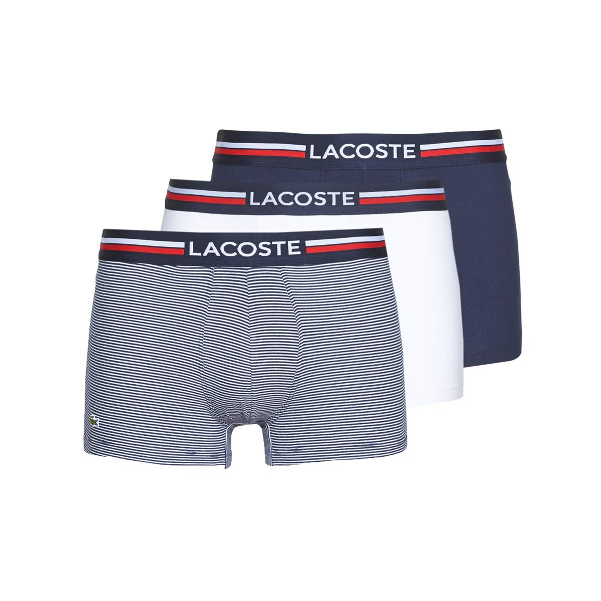 Lacoste 3-Pack Iconic Cotton Stretch Men's Boxer Trunks, Navy/Stripes/White XL Navy/Stripes/White