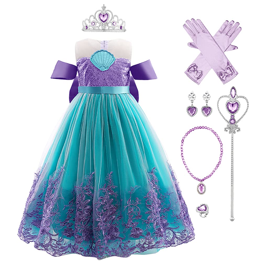 Kids Girls Little Mermaid Costume Ariel Princess Fancy Dress Up Birthday Party Halloween Christmas Carnival Cosplay Dresses + Crown + Jewelry Fairy Tales Outfit Set Purple+Green 8-9 Years