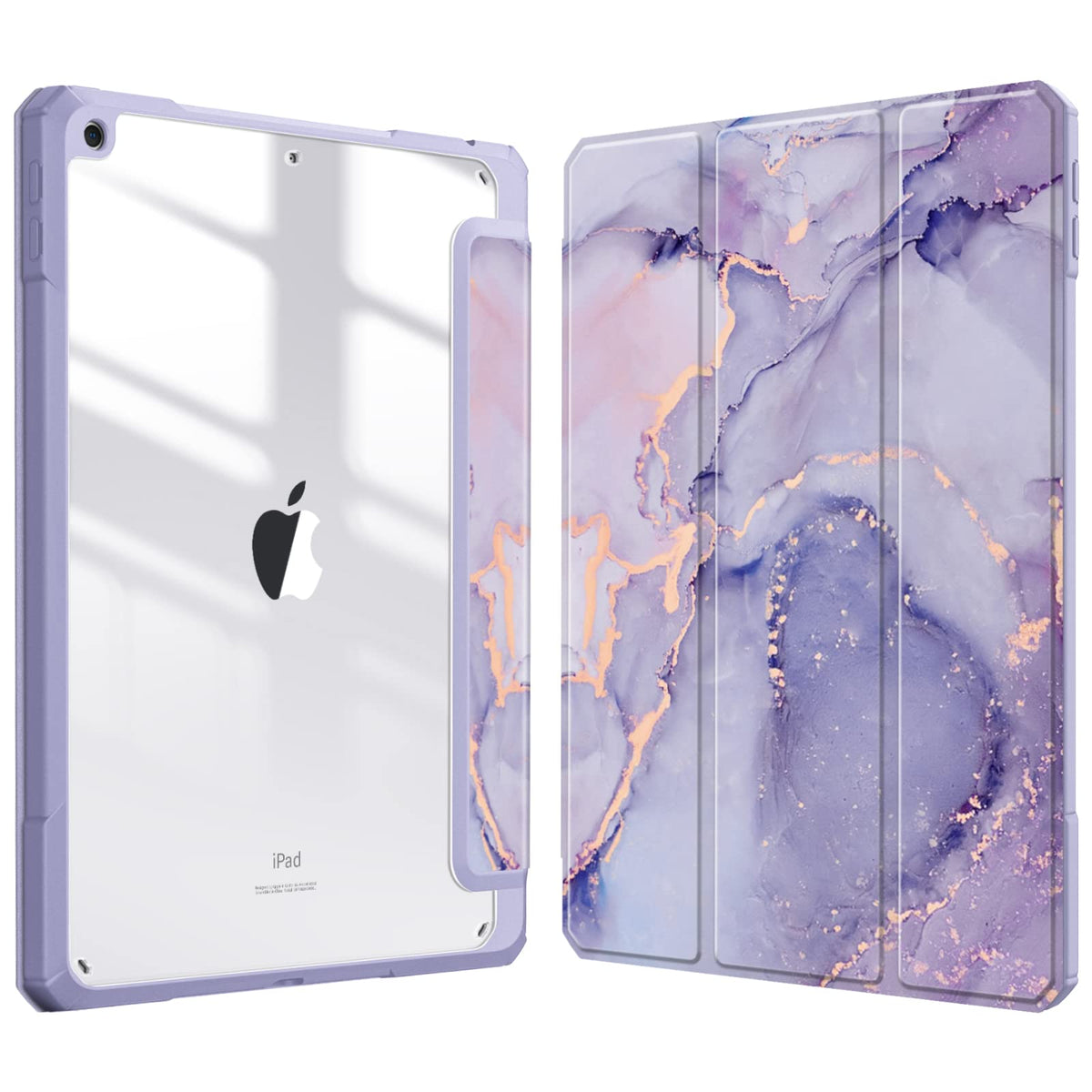 Fintie Hybrid Slim Case for iPad 9th / 8th / 7th Generation (2021/2020 / 2019) 10.2 Inch - [Built-in Pencil Holder] Shockproof Cover with Clear Transparent Back Shell, Lilac Marble