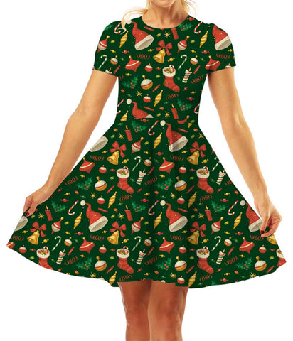GLUDEAR Women's 3D Print Short Sleeve Unique Casual Flared Midi Dress - Green - L/XL